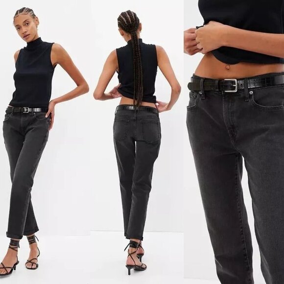 New! Gap Mid Rise Girlfriend Jeans Size 27/4 Short Washed Black 35494 - Picture 1 of 12